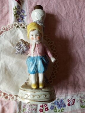 Vintage Lamp Base Porcelain Figurine Boy w Flowers
